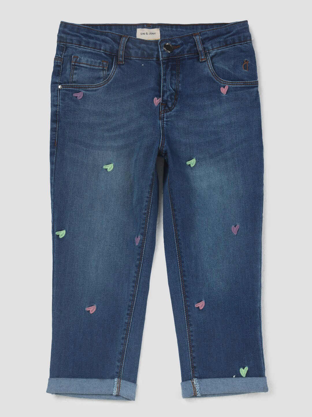 

Gini and Jony Girls Blue & Pink Printed Embroidered Capris