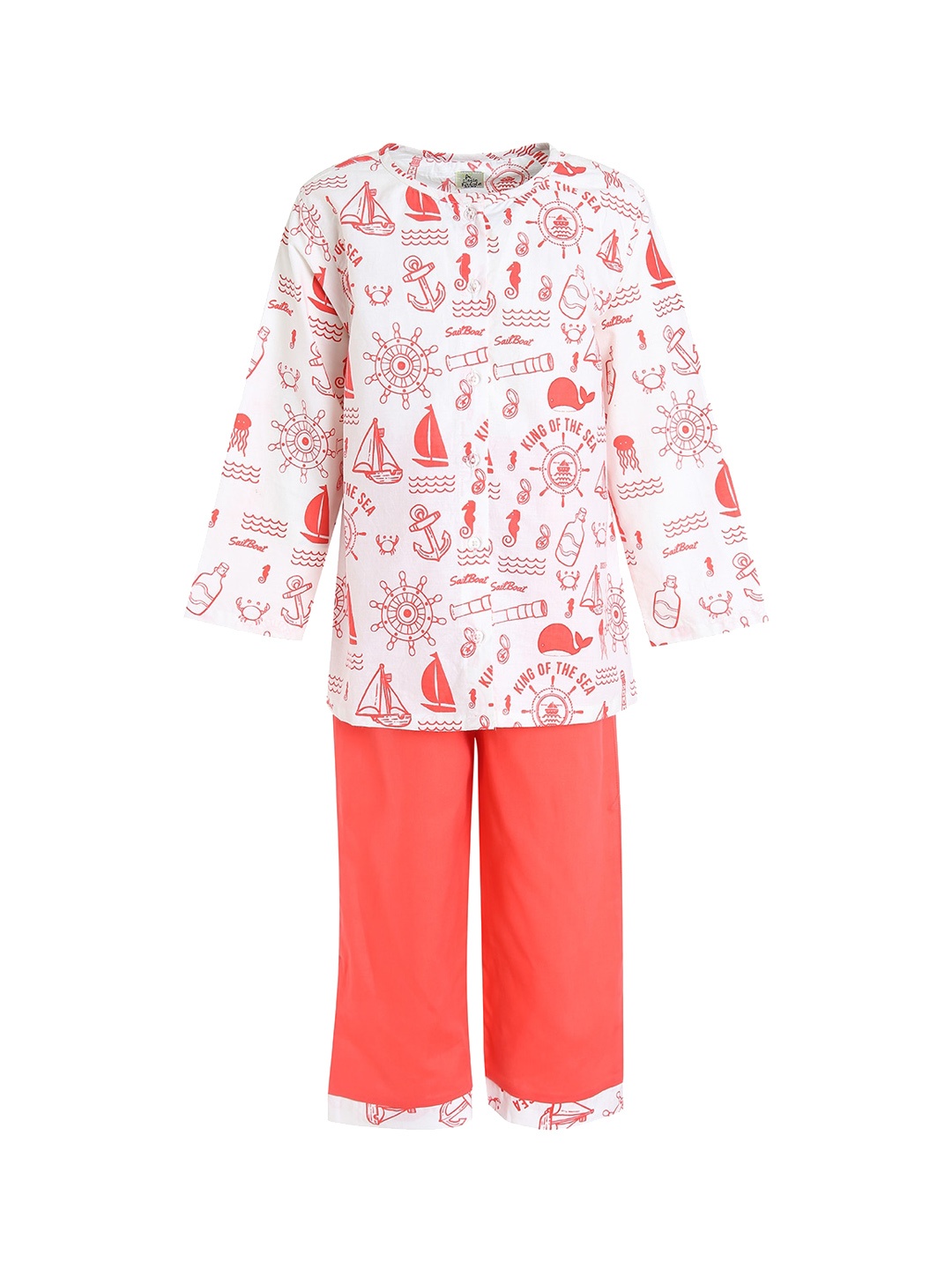 

A Little Fable Girls Red & White Conversational Printed Pure Cotton Night suit