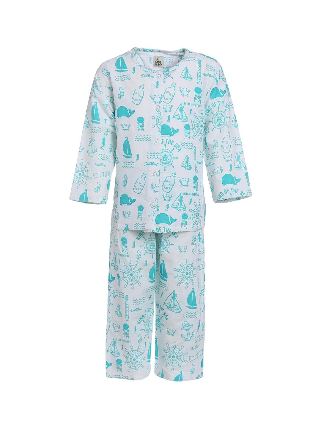 

A Little Fable Girls White & Turquoise Blue Printed Pure Cotton Night suit