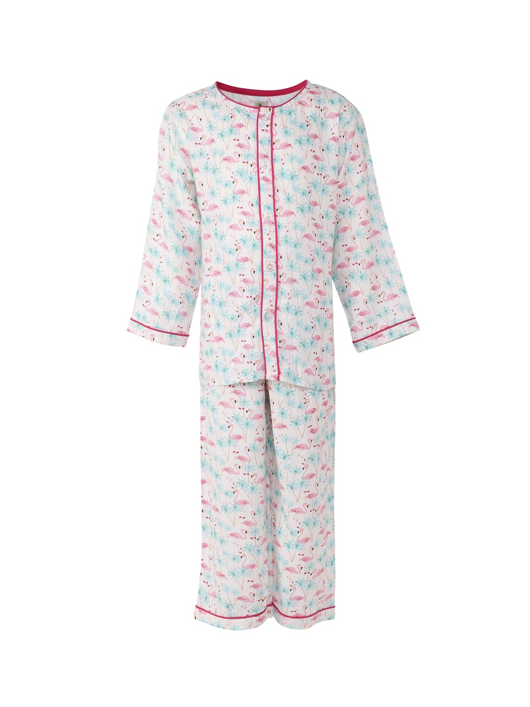 

A Little Fable Girls White & Pink Printed Pure Cotton Night suit