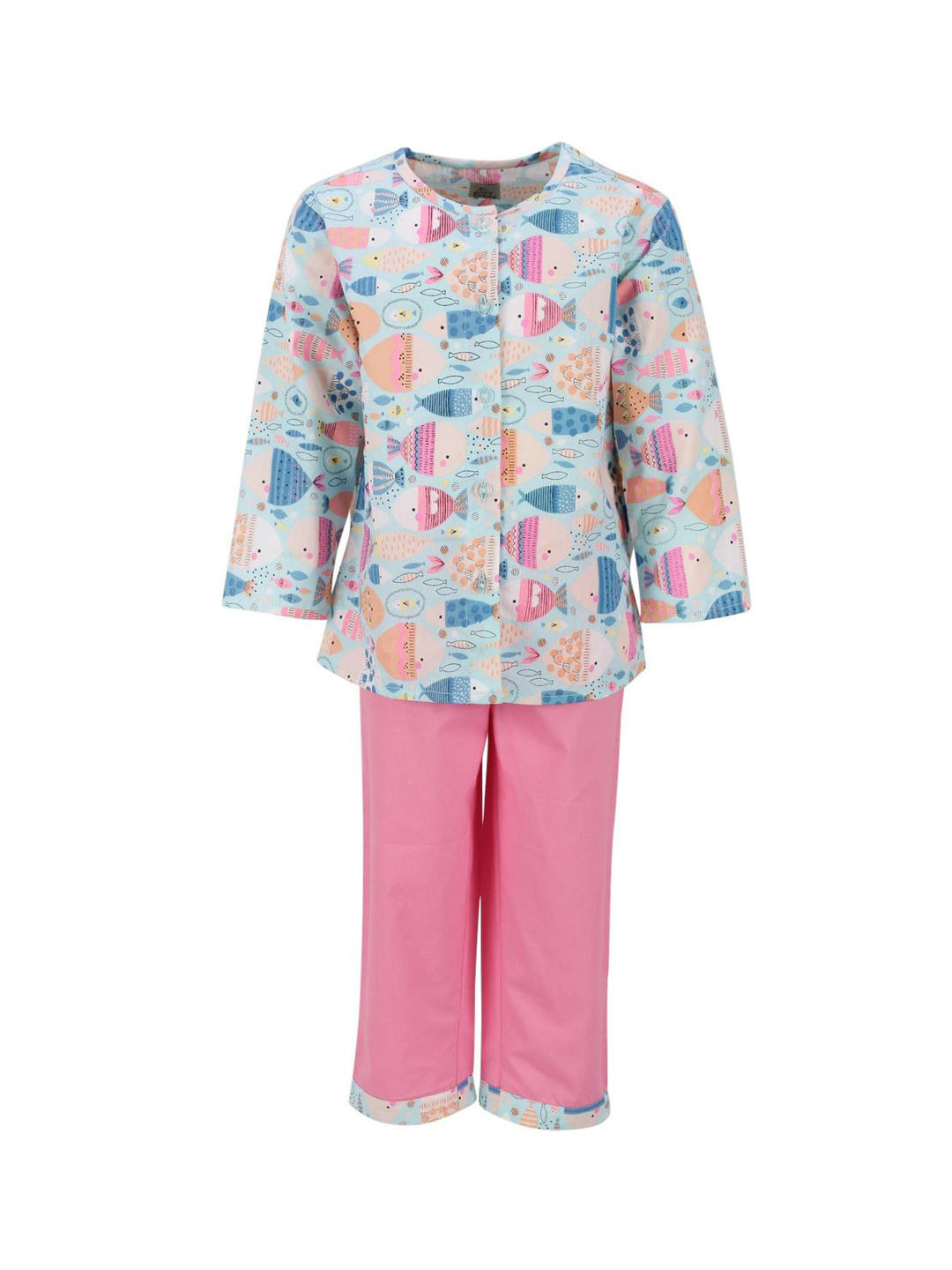 

A Little Fable Girls Pink & Blue Printed Pure Cotton Night suit