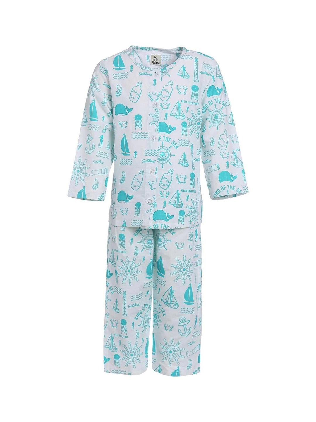 

A Little Fable Girls White & Blue Printed Pure Cotton Night suit