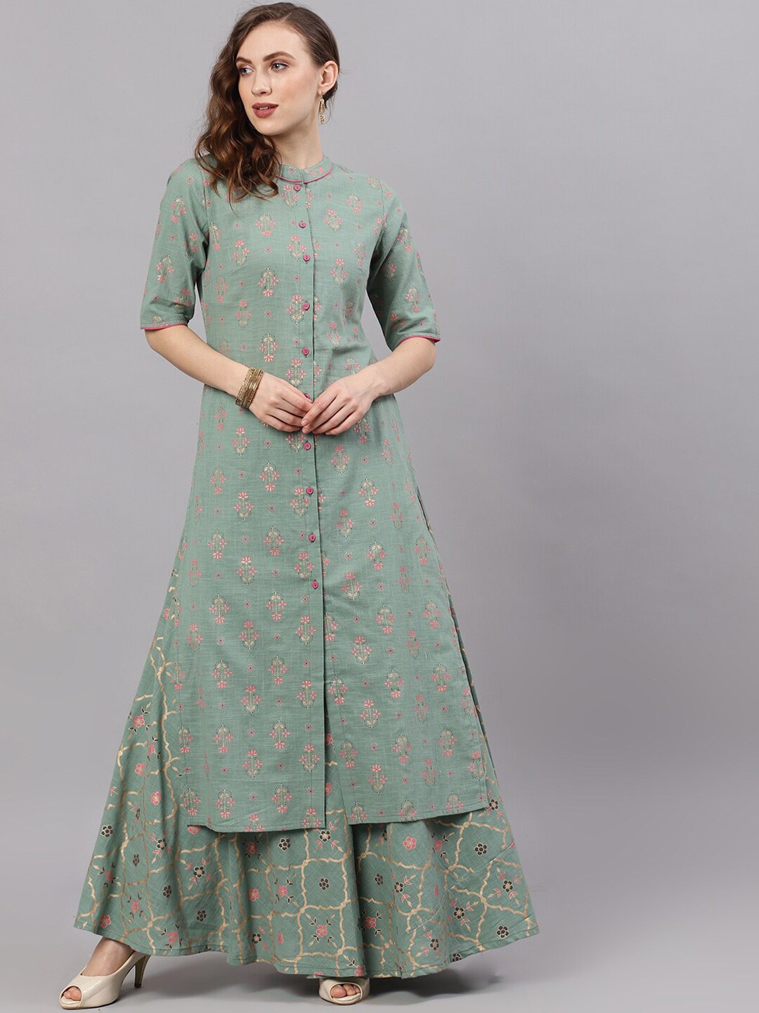 

antaran Women Green Ethnic Motifs Printed Cotton Kurta