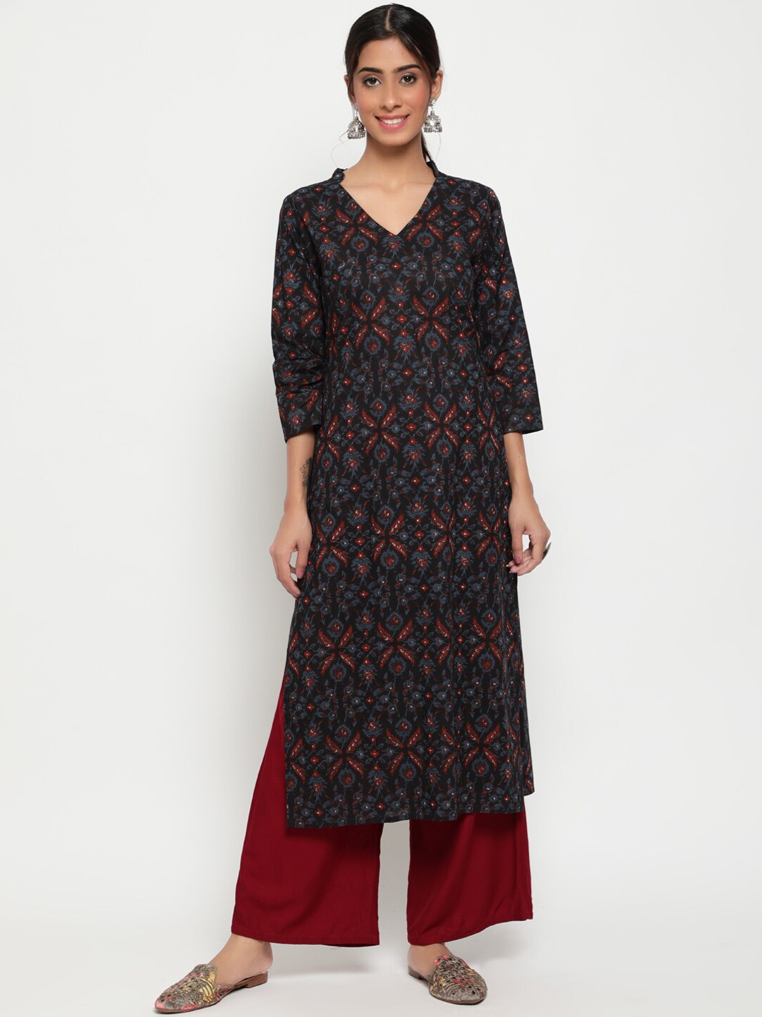 

antaran Printed Straight Regular Fit Cotton Kurta, Navy blue
