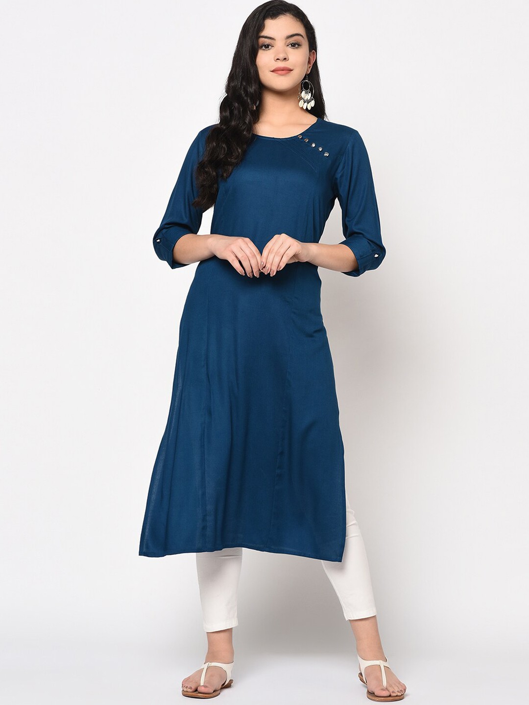 

antaran Women Navy Blue Round Neck A-Line Kurta