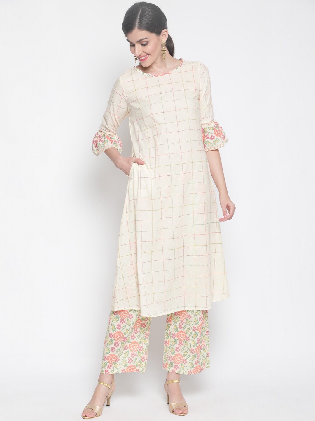 

antaran Checked Flared Sleeves Thread Work A-Line Cotton Kurta, Off white