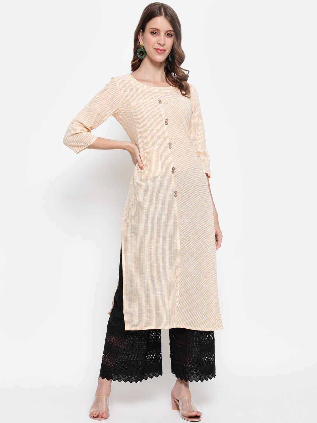 

antaran Women Cream Striped Cotton Kurta