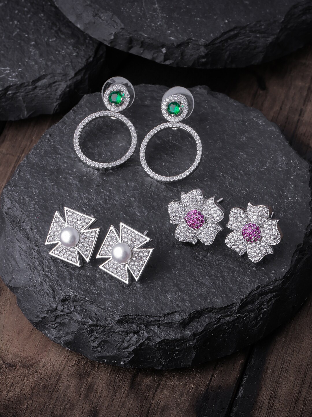 

Brandsoon Silver-Toned & Pink Set Of 3 Floral Studs Earrings