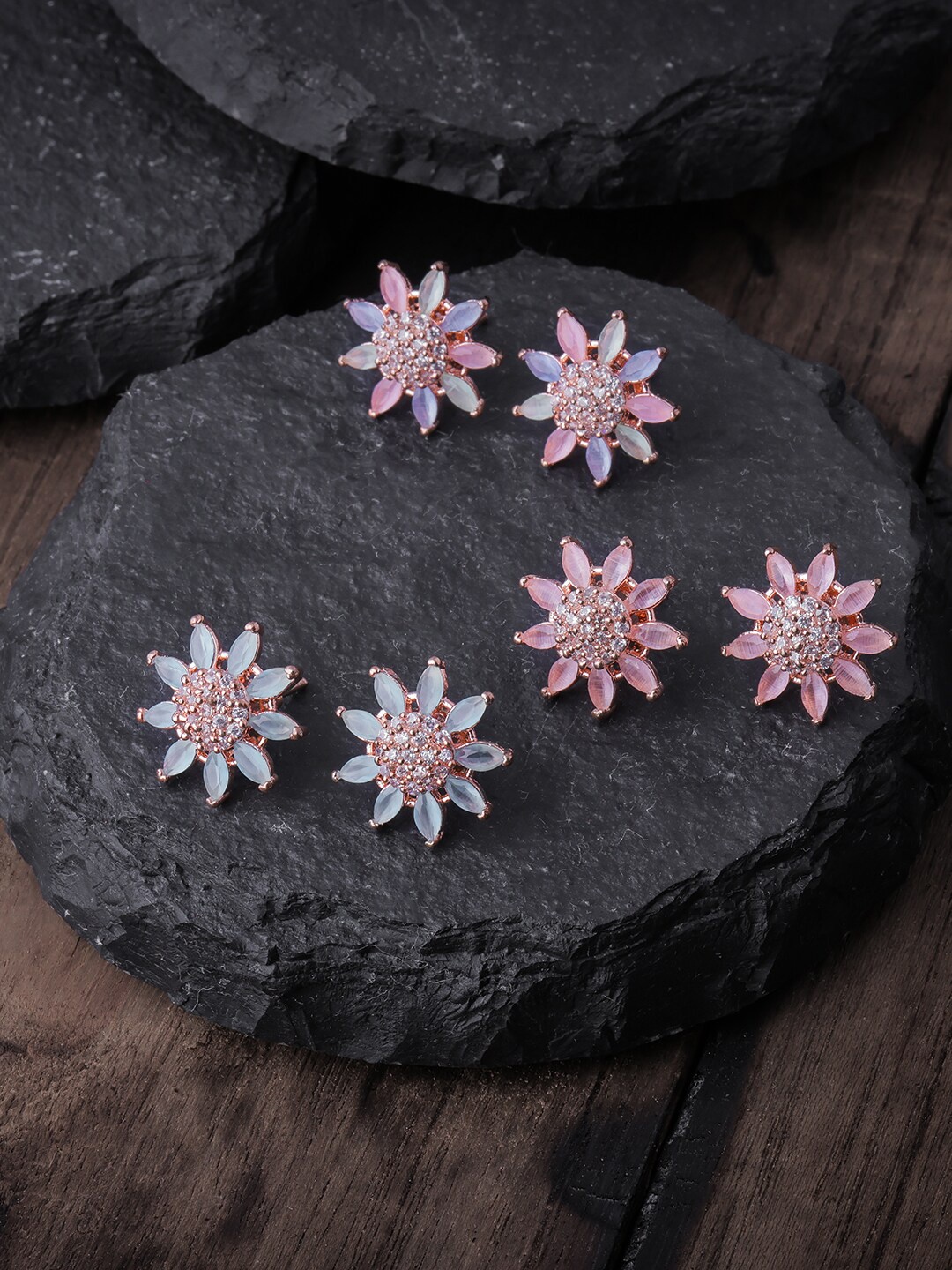 

Brandsoon Rose Gold-Plated & Pink Pack of 3 Floral Studs Earrings