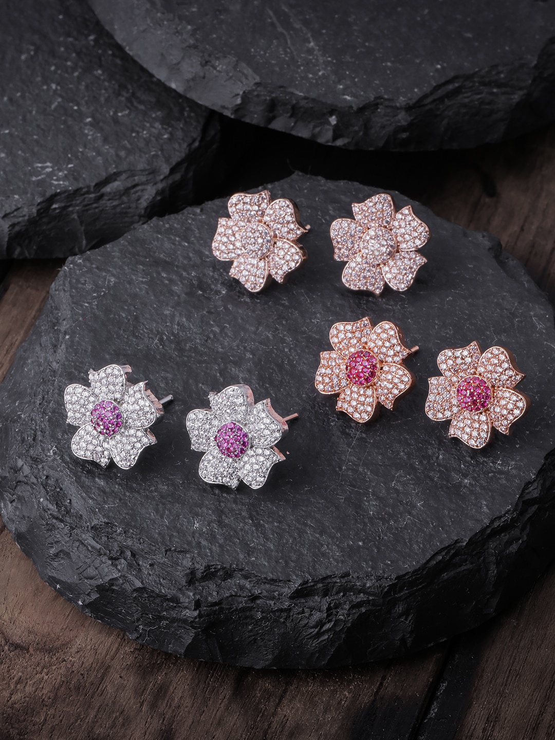 

Brandsoon Rose Gold & White Pack of 3 Floral Studs Earrings