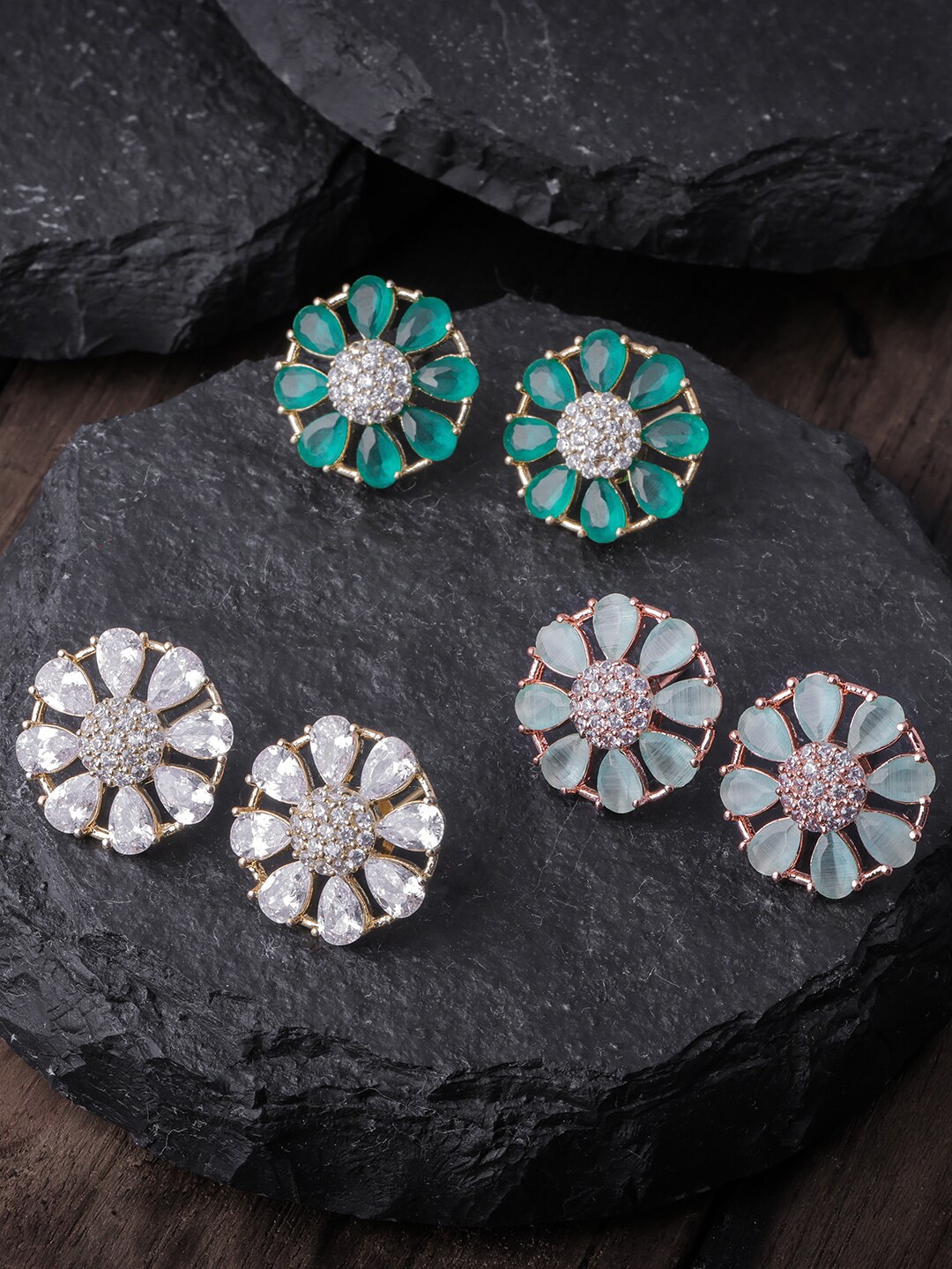 

Brandsoon Gold-plated & Green Pack of 3 Studs Earrings