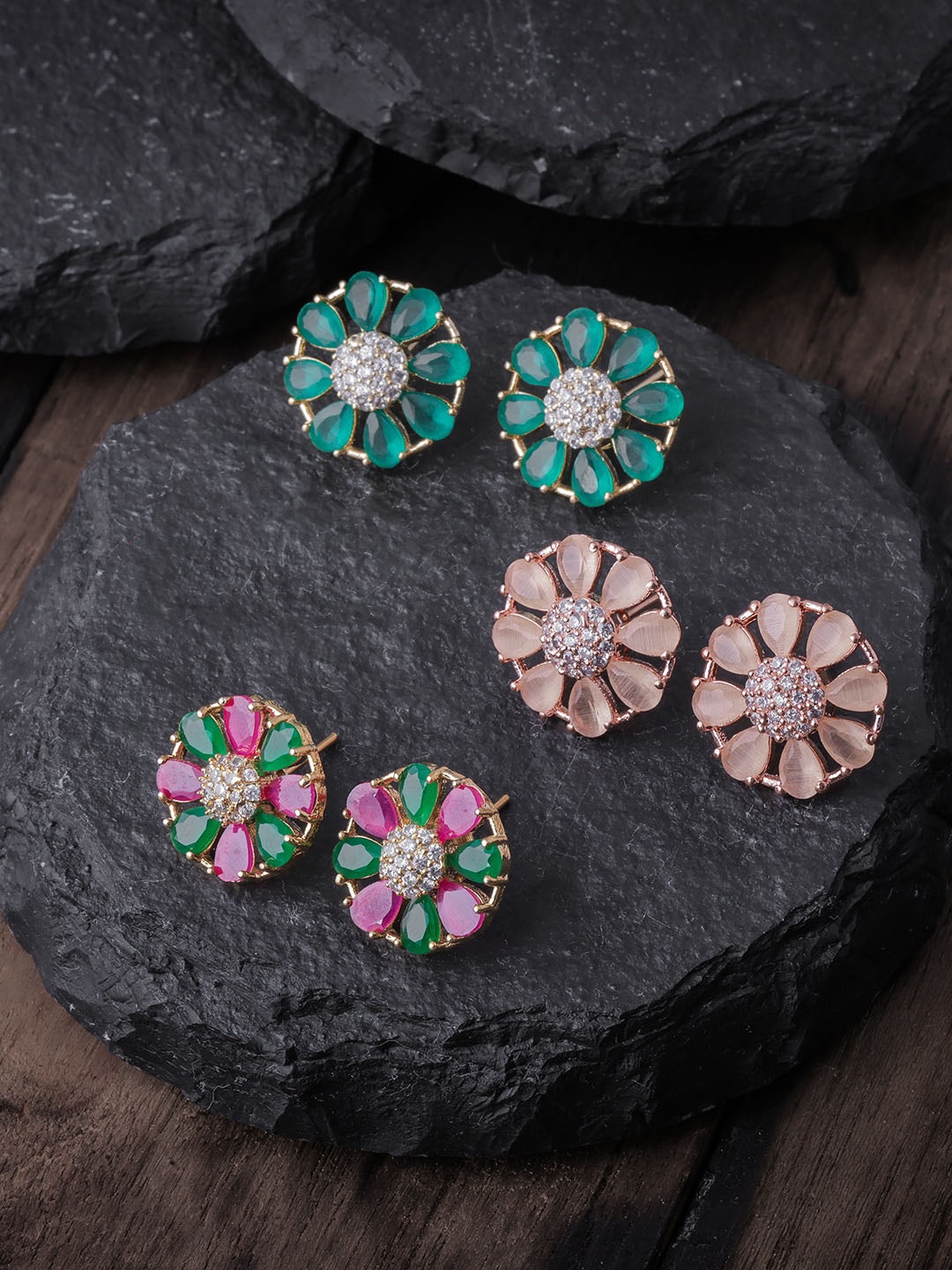 

Brandsoon Gold-Toned & Green Pack of 3 Floral Studs Earrings
