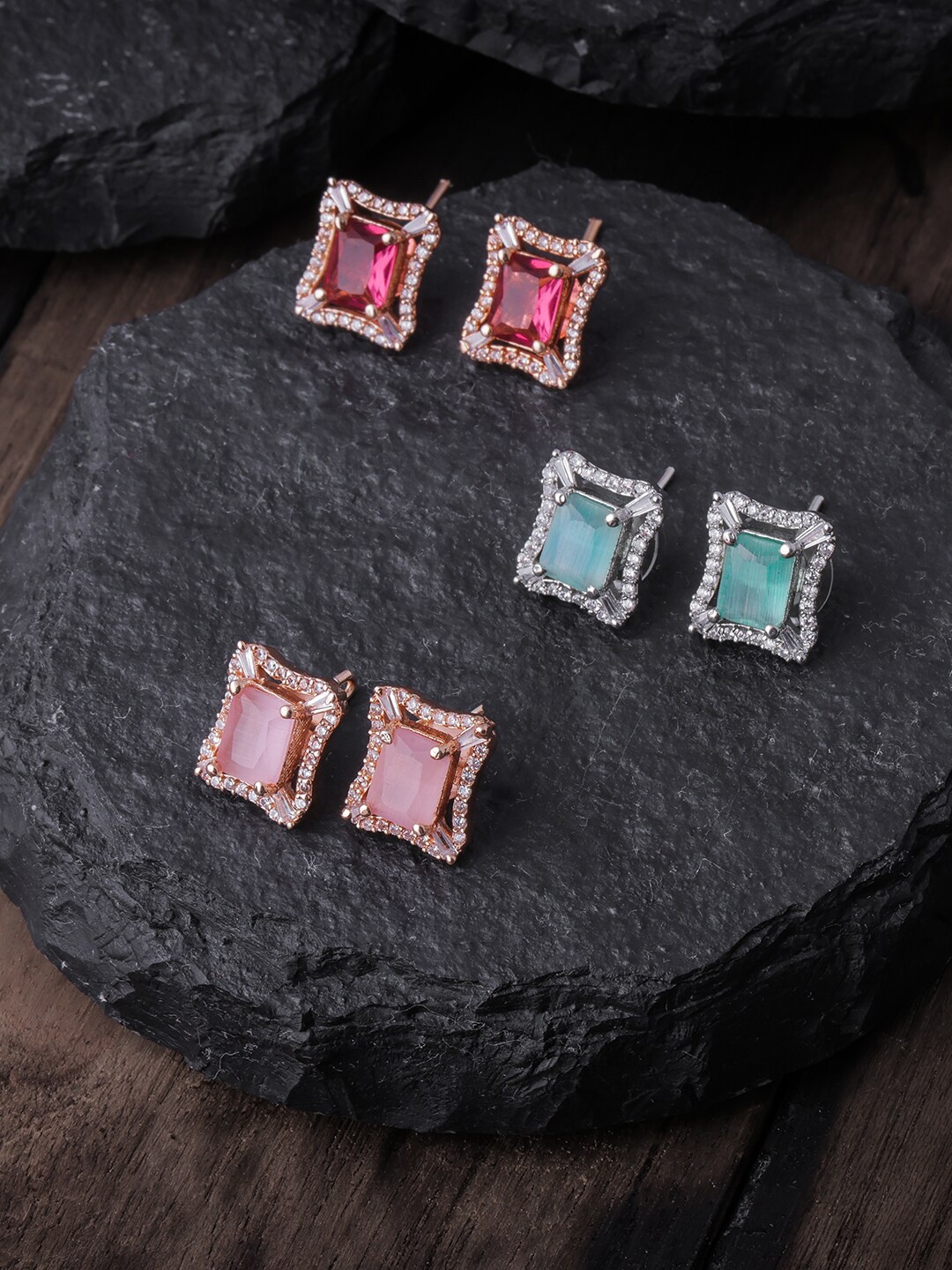 

Brandsoon Rose Gold & Red Pack of 3 Square Studs Earrings
