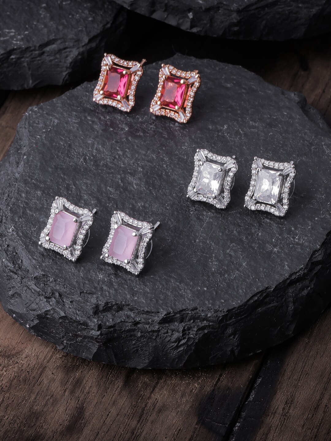 

Brandsoon Silver-Toned & Purple Pack of 3 Square Studs Earrings
