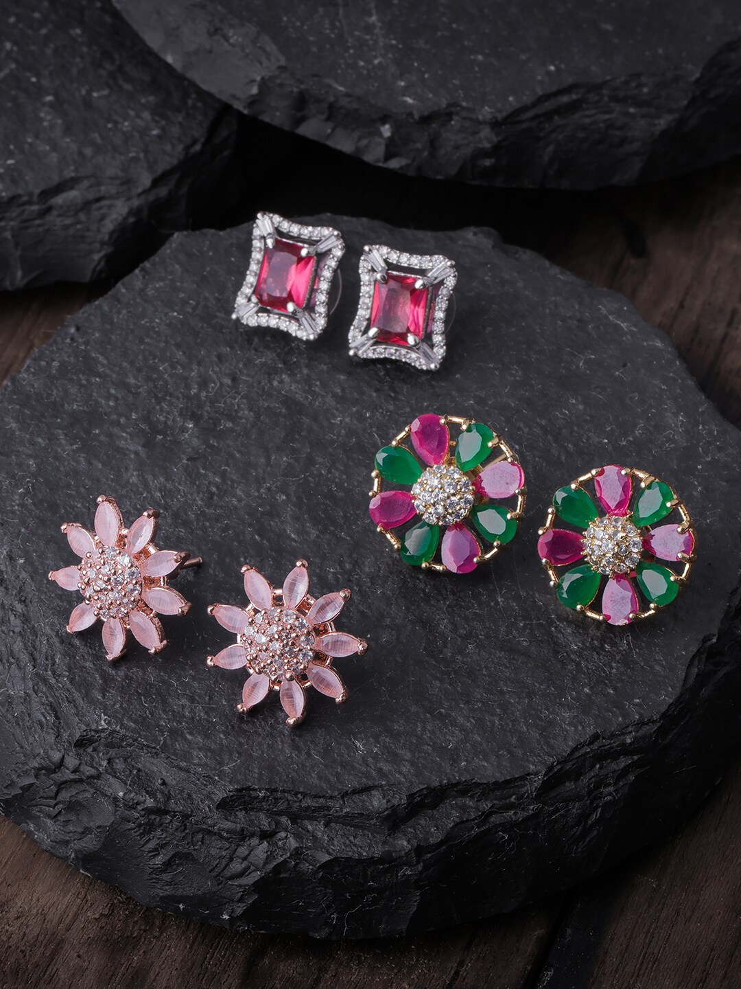 

Brandsoon Rose Gold & Pink Pack of 3 Floral Studs Earrings