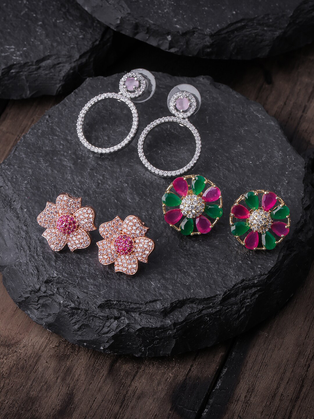 

Brandsoon Rose Gold & Pink Pack of 3 Floral Studs Earrings