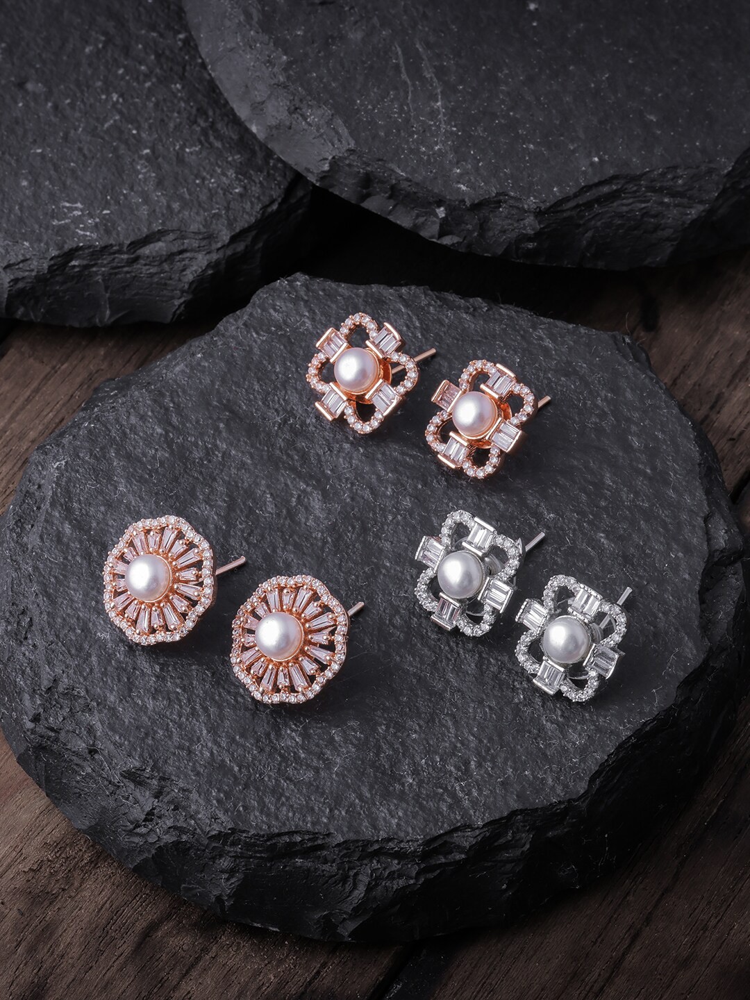 

Brandsoon Gold-Toned & White Pack of 3 Floral Studs Earrings