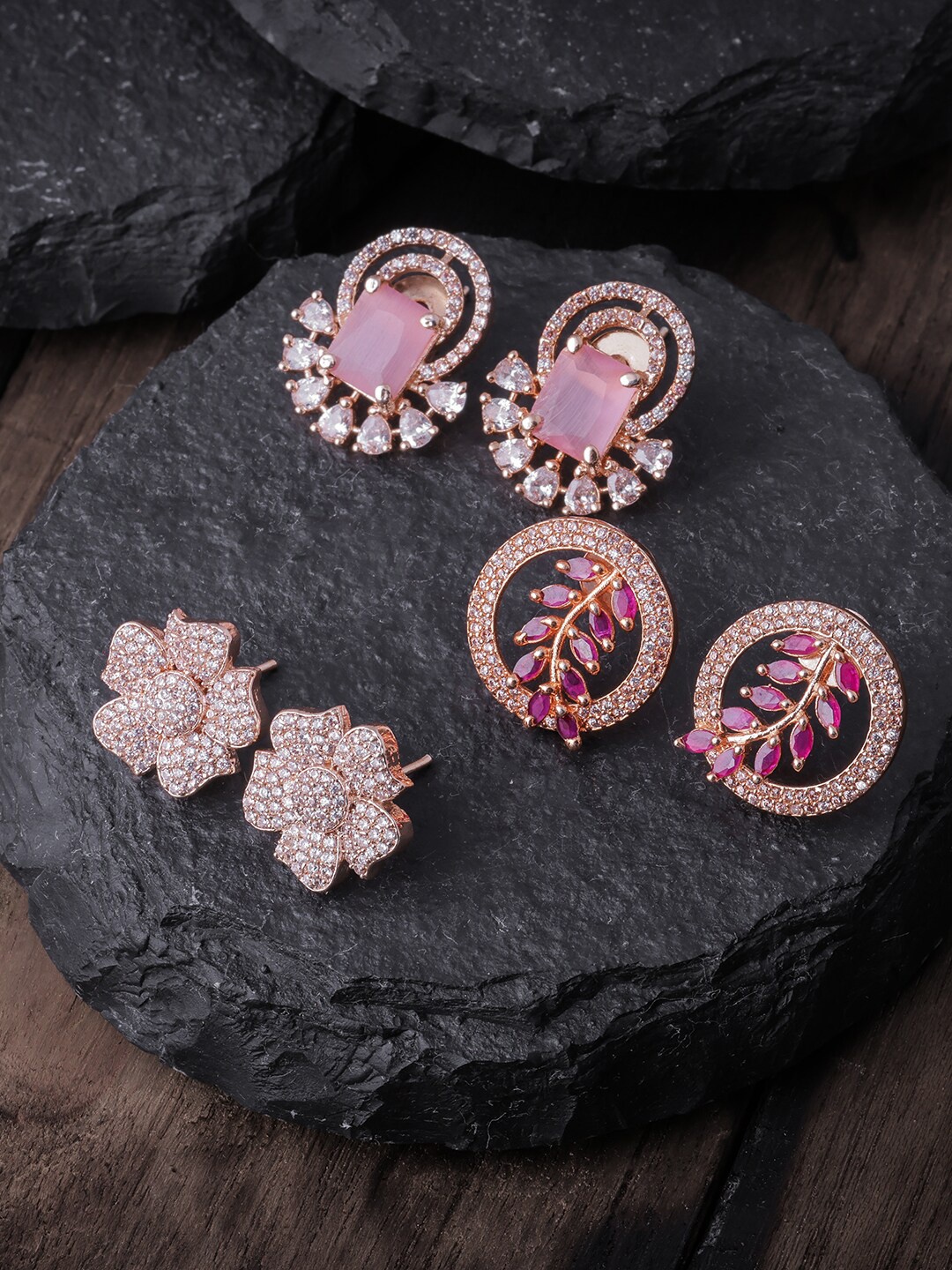 

Brandsoon Rose Gold & Pink Pack of 3 Feather Shaped Studs Earrings