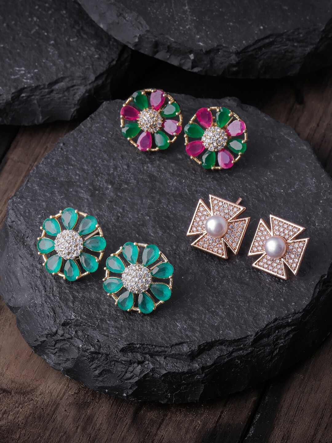 

Brandsoon Rose Gold & Green Pack of 3 Floral Studs Earrings