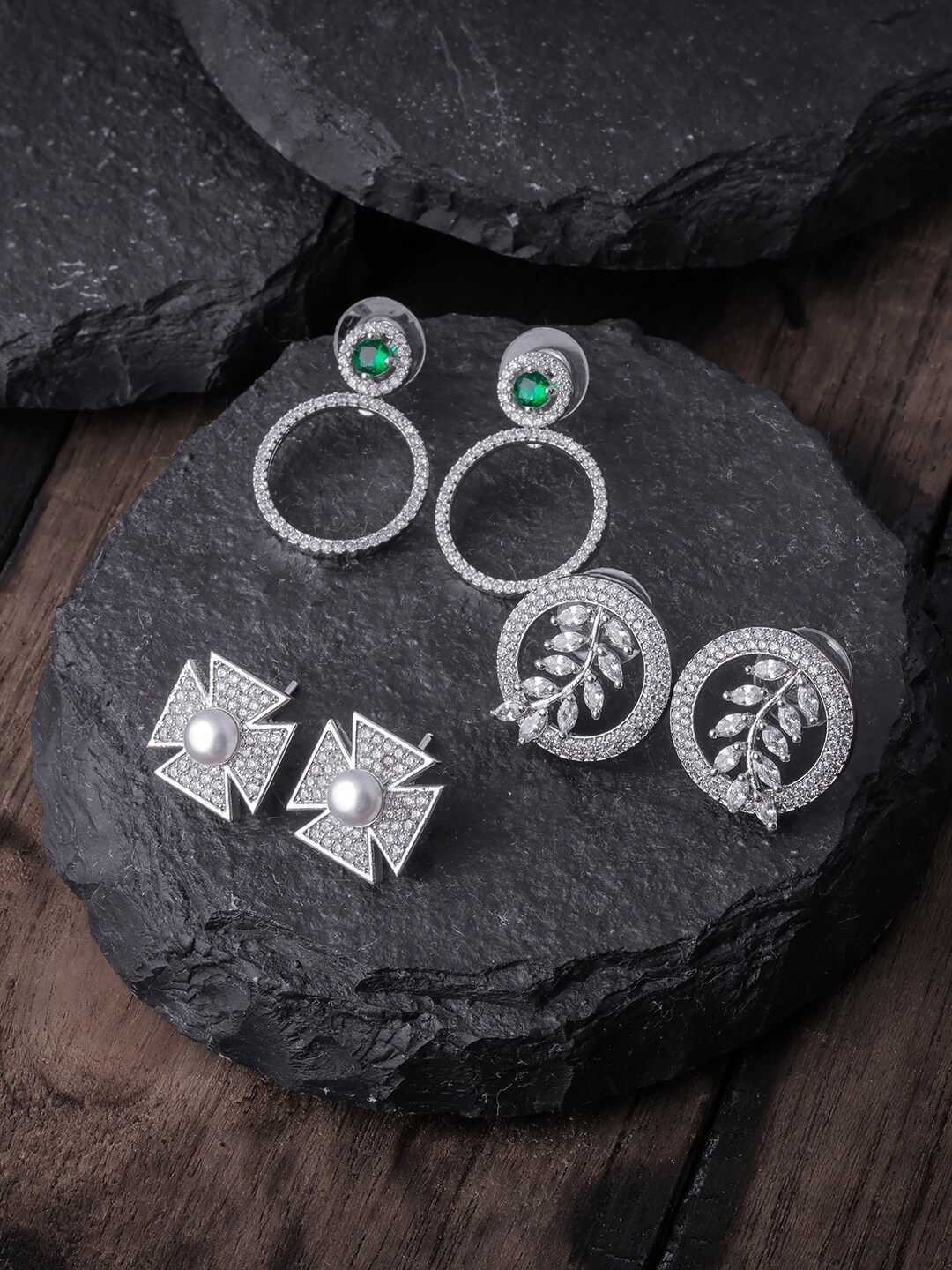 

Brandsoon Pack Of 3 Green Silver Plated Contemporary Studs Earrings