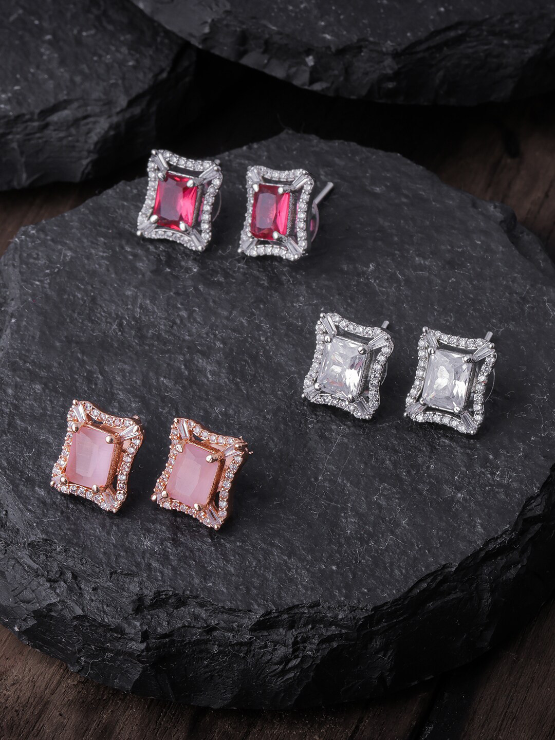 

Brandsoon Pack Of 3 Gold Toned & Red Gold Plated Square Studs Earrings