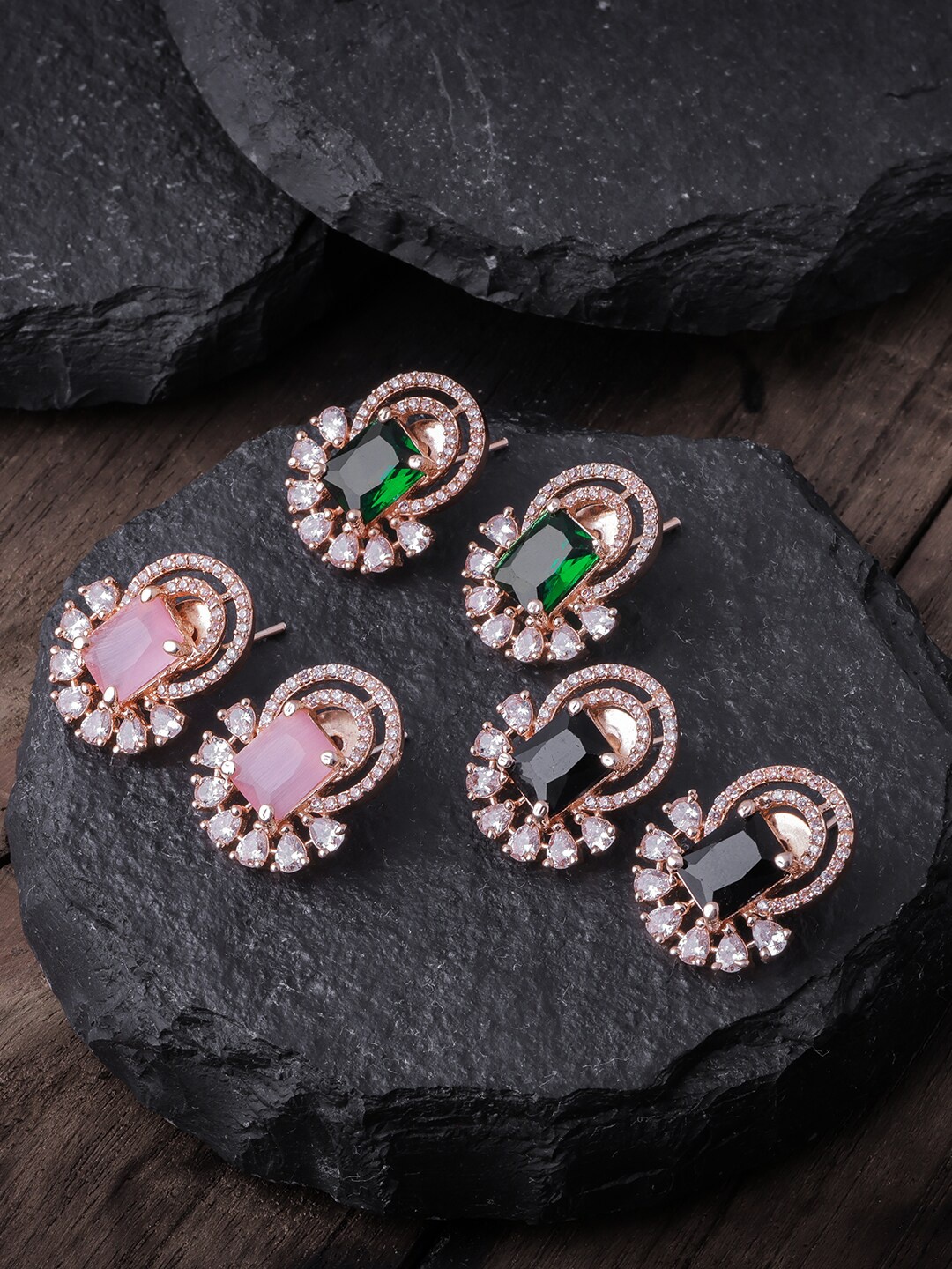 

Brandsoon Pack Of 3 Gold Toned & Pink Gold Plated Contemporary Studs Earrings