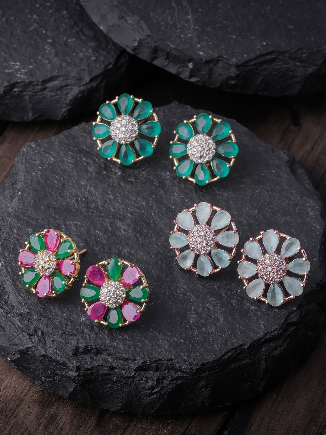 

Brandsoon Pack Of 3 Gold Toned & Green Gold Plated Contemporary Studs Earrings