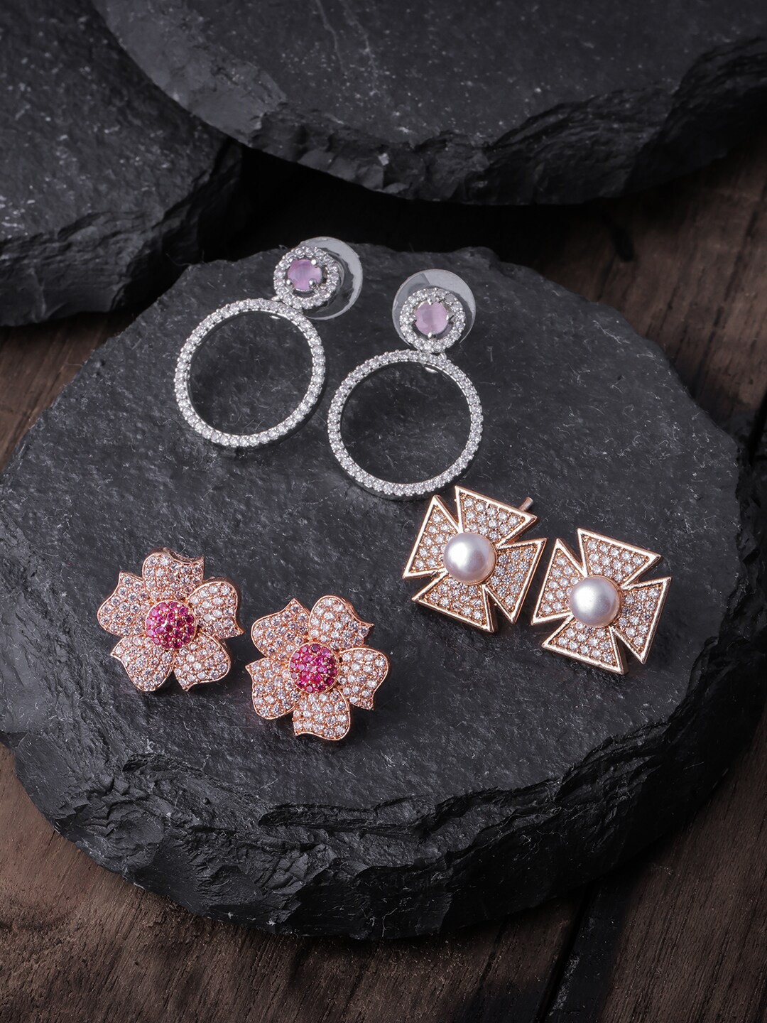 

Brandsoon Pack Of 3 White Gold Plated Contemporary Studs Earrings