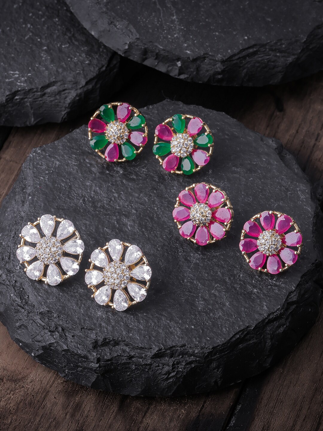 

Brandsoon Pack Of 3 Gold Toned & White Gold Plated Contemporary Studs Earrings