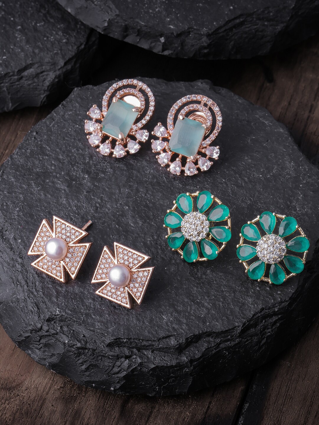 

Brandsoon Pack Of 3 Green & Pink Gold Plated Contemporary Studs Earrings