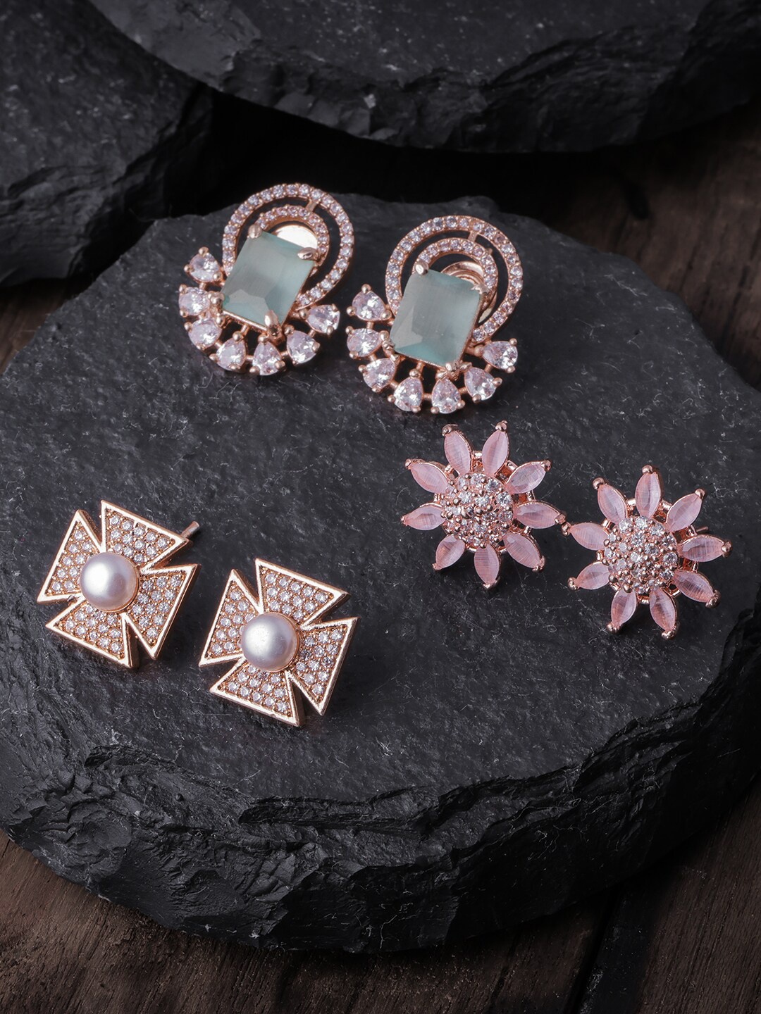 

Brandsoon Pack Of 3 Gold Toned & Green Gold Plated Contemporary Studs Earrings