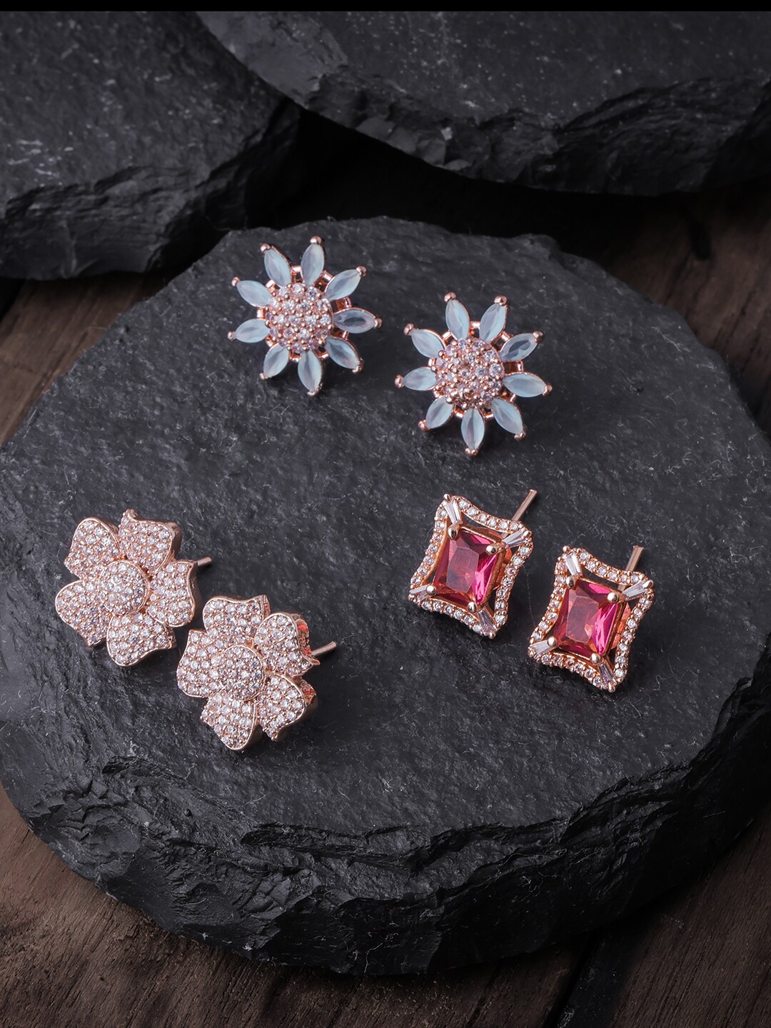 

Brandsoon Pack Of 3 Gold Toned & Red Contemporary Studs Earrings