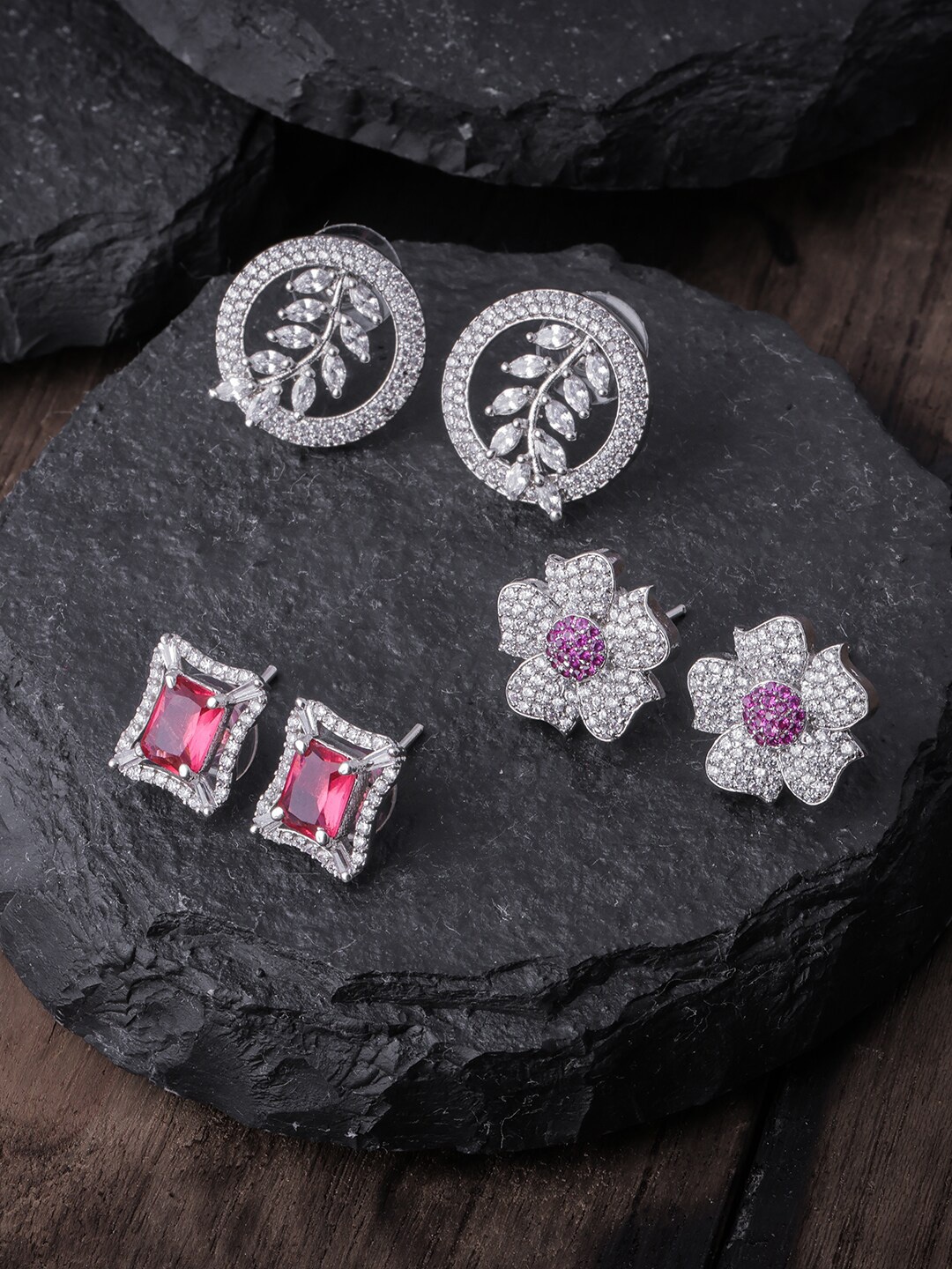 

Brandsoon Pack Of 3 Silver Toned & Pink Silver Plated Contemporary Studs Earrings