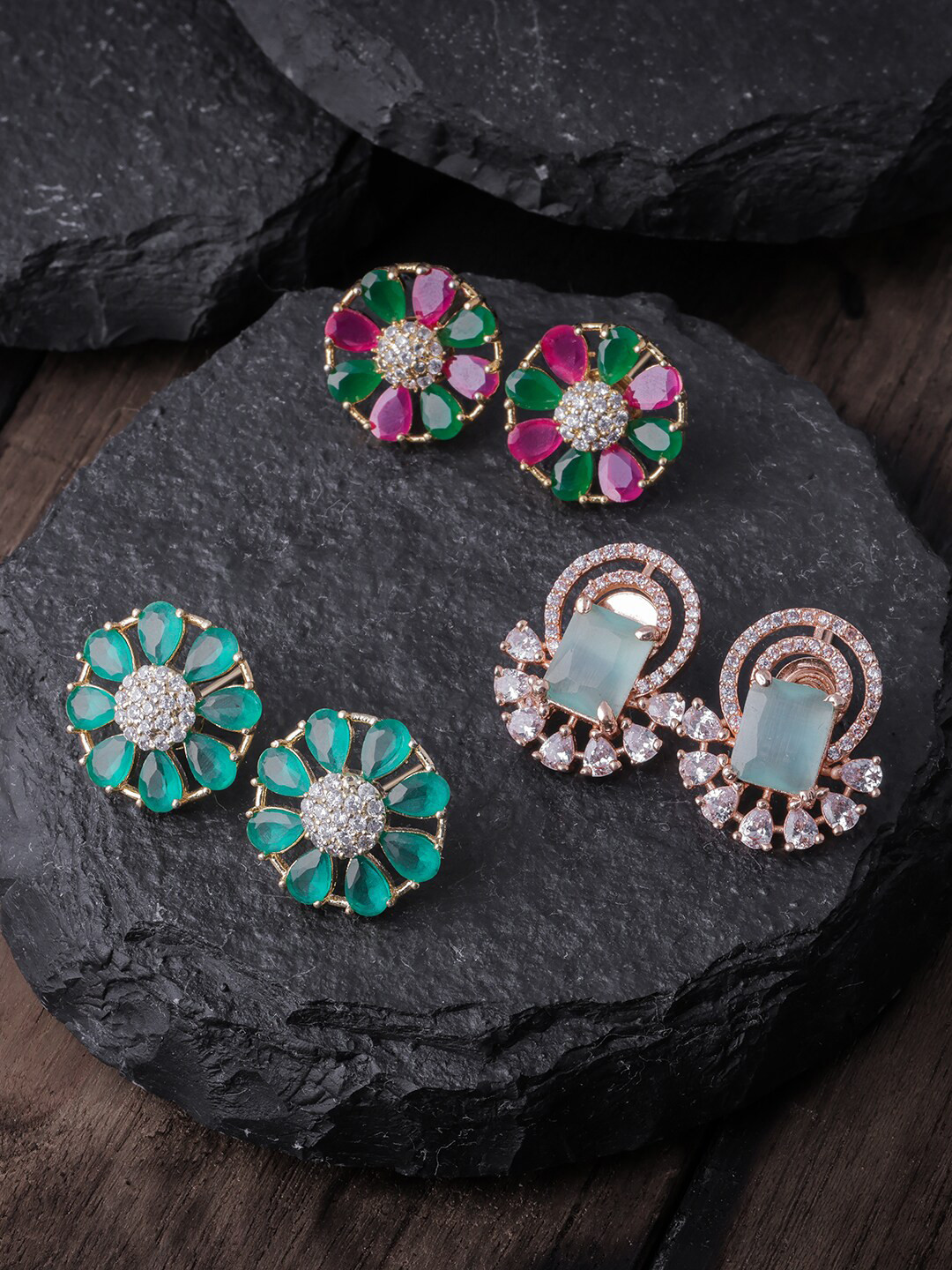 

Brandsoon Pack Of 3 Gold Toned & Blue Gold Plated Contemporary Studs Earrings