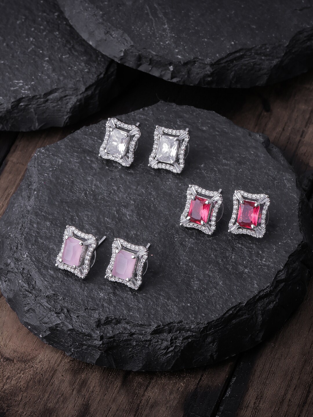 

Brandsoon Pack Of 3 Silver Toned & Red Silver Plated Square Studs Earrings