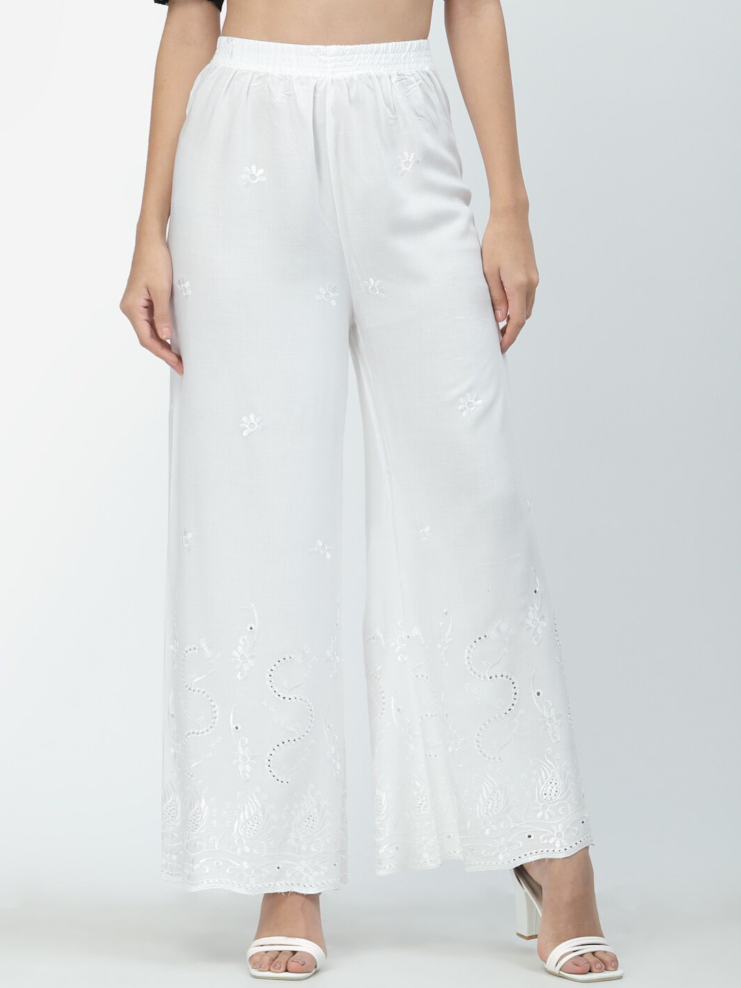 

Anekaant Women White Embroidered Cotton Lycra Palazzo