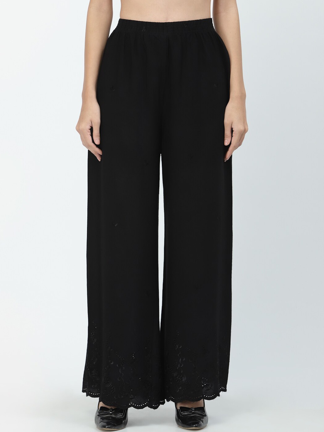 

Anekaant Women Black Cotton Floral Embroidered Flared Palazzos