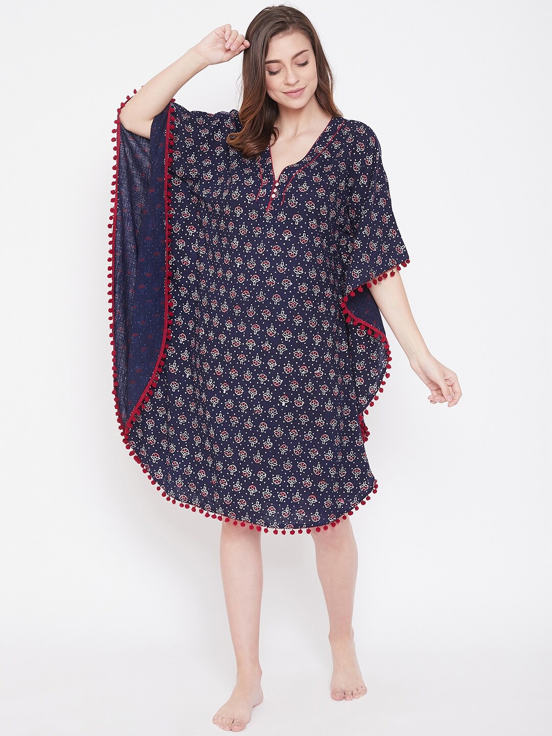 

The Kaftan Company Navy Blue Printed Pure Cotton Nightdress