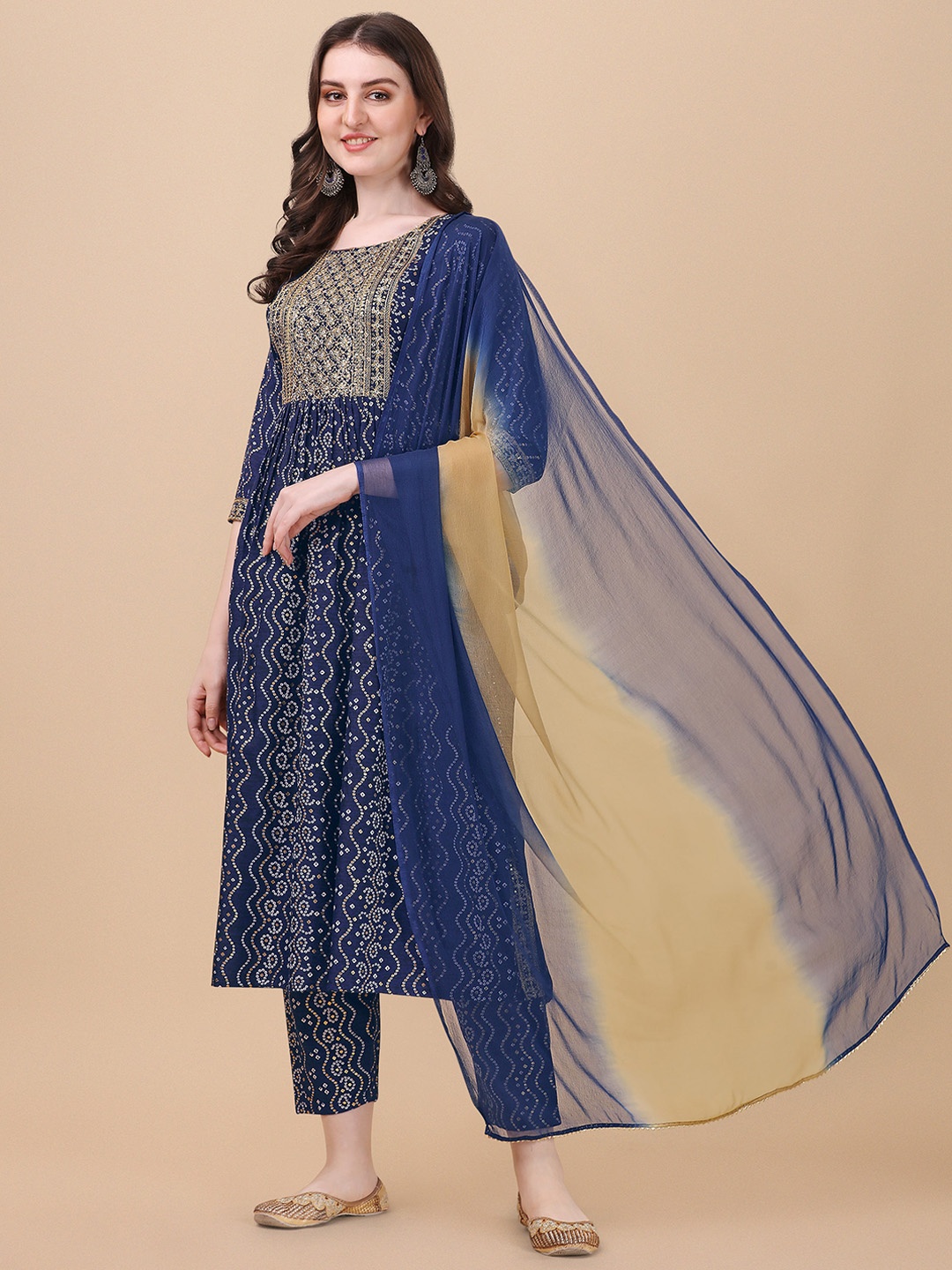 

Berrylicious Women Navy Blue Bandhani Pure Cotton Kurta with Trousers & Dupatta