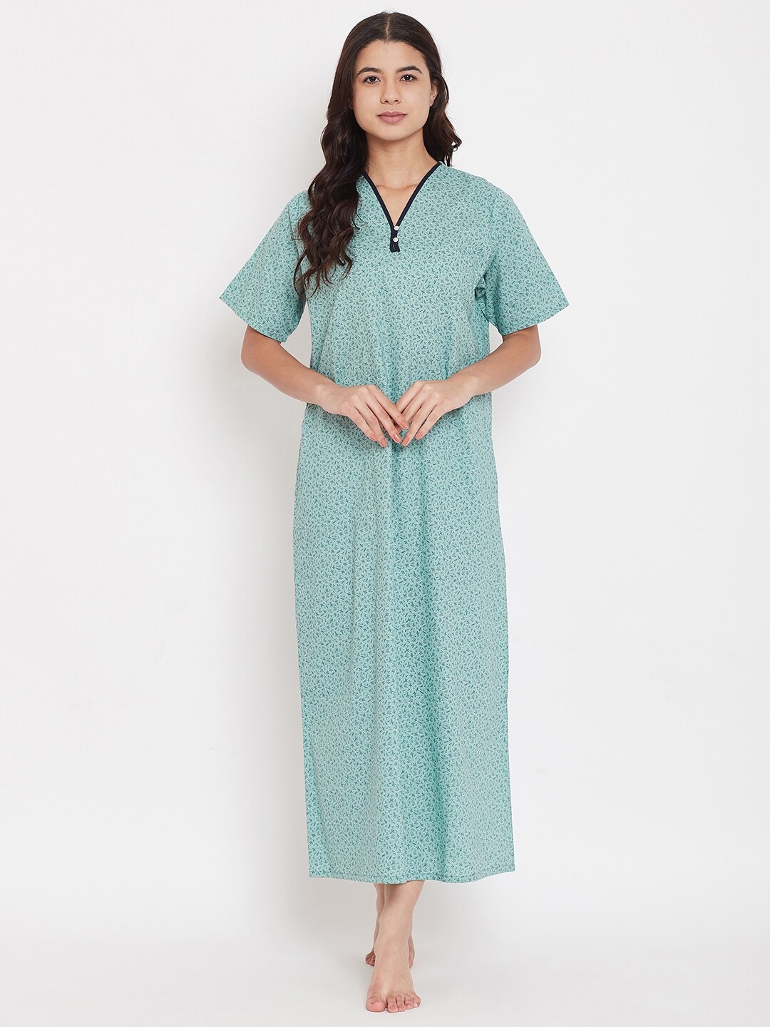 

The Kaftan Company Teal Printed Maxi Pure Cotton Nightdress