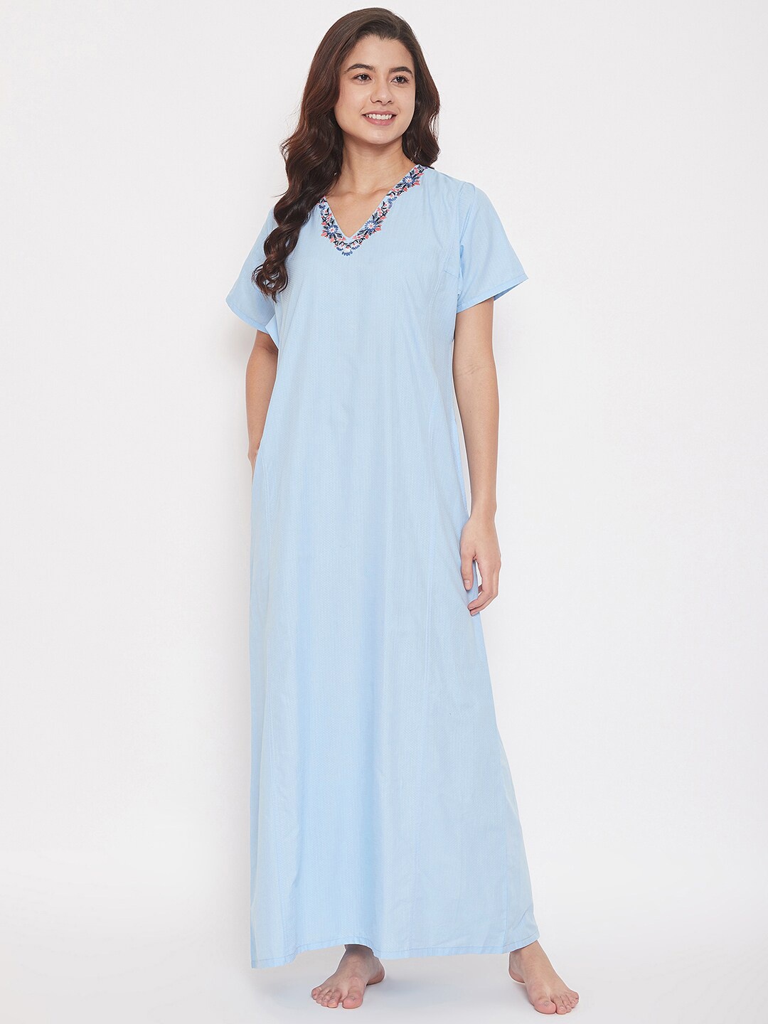 

The Kaftan Company Blue Embroidered Maxi Pure Cotton Nightdress