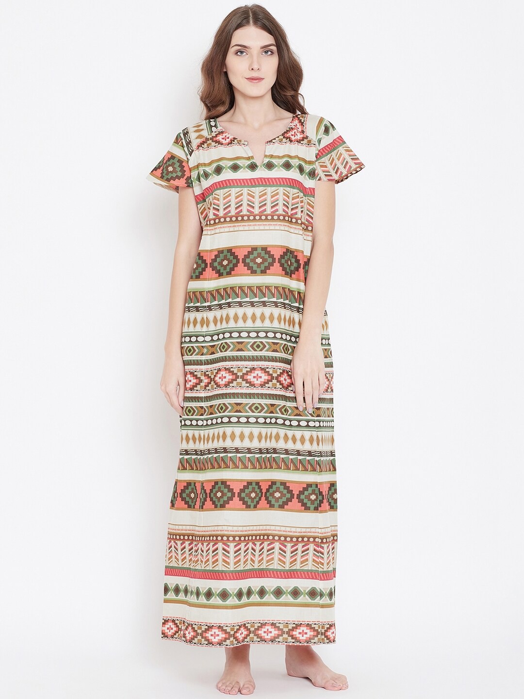 

The Kaftan Company Off White Printed Maxi Pure Cotton Nightdress