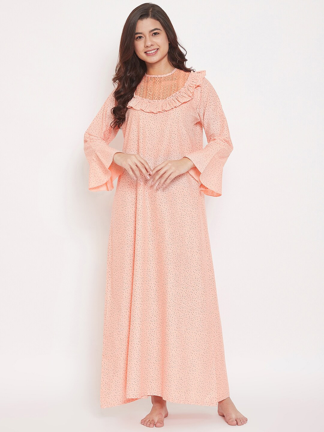 

The Kaftan Company Peach-Coloured Printed Maxi Pure Cotton Nightdress