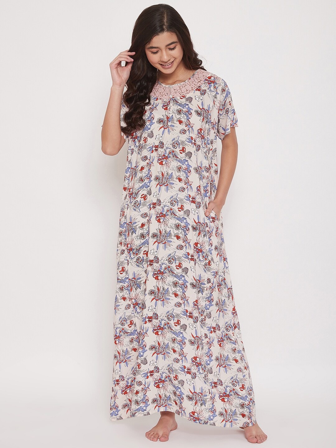 

The Kaftan Company Off White Printed Maxi Nightdress