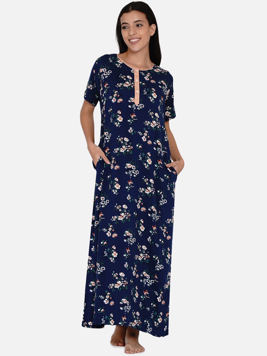 

The Kaftan Company Navy Blue Printed Maxi Pure Cotton Nightdress