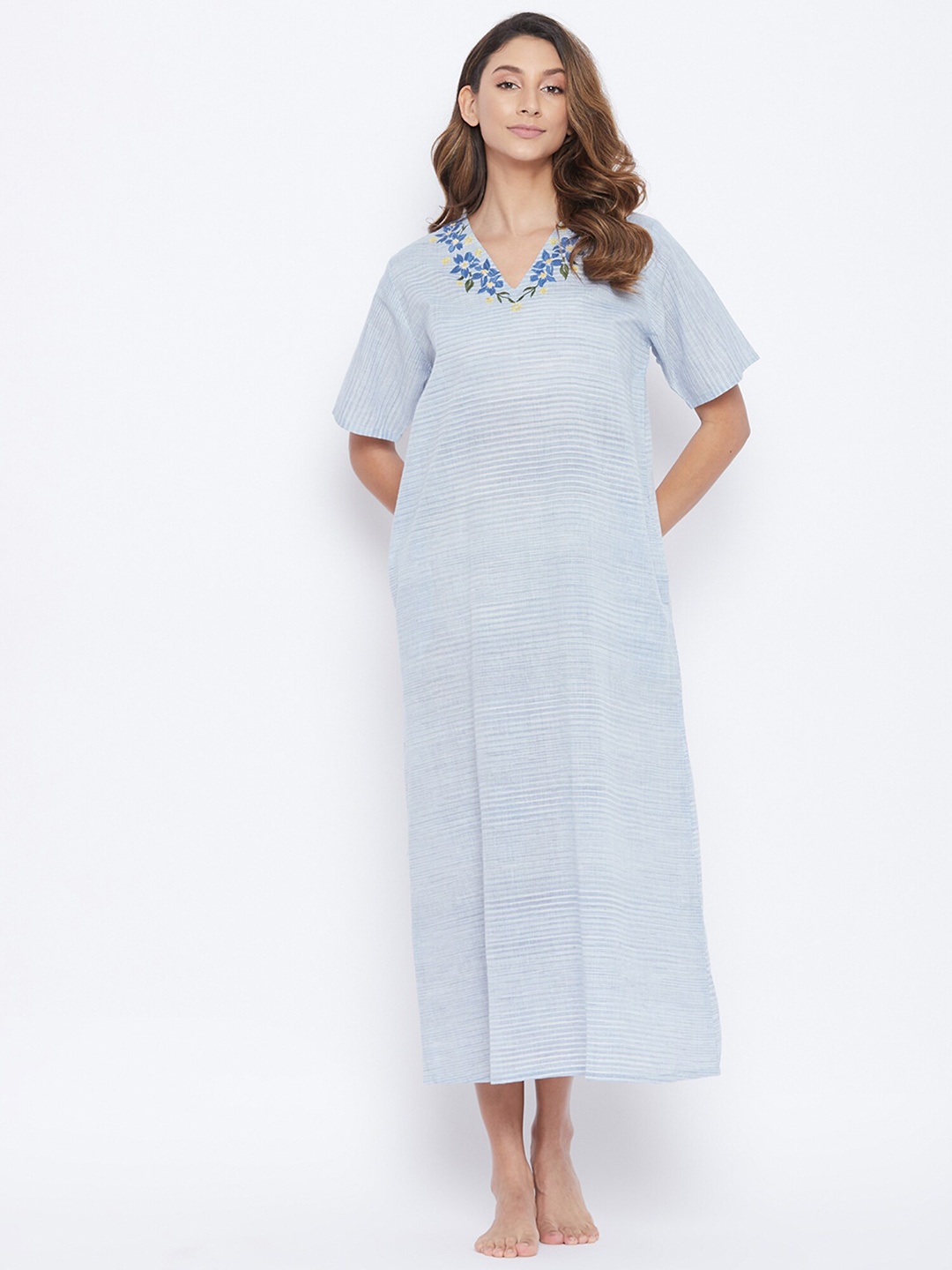 

The Kaftan Company Blue Striped Maxi Pure Cotton Nightdress