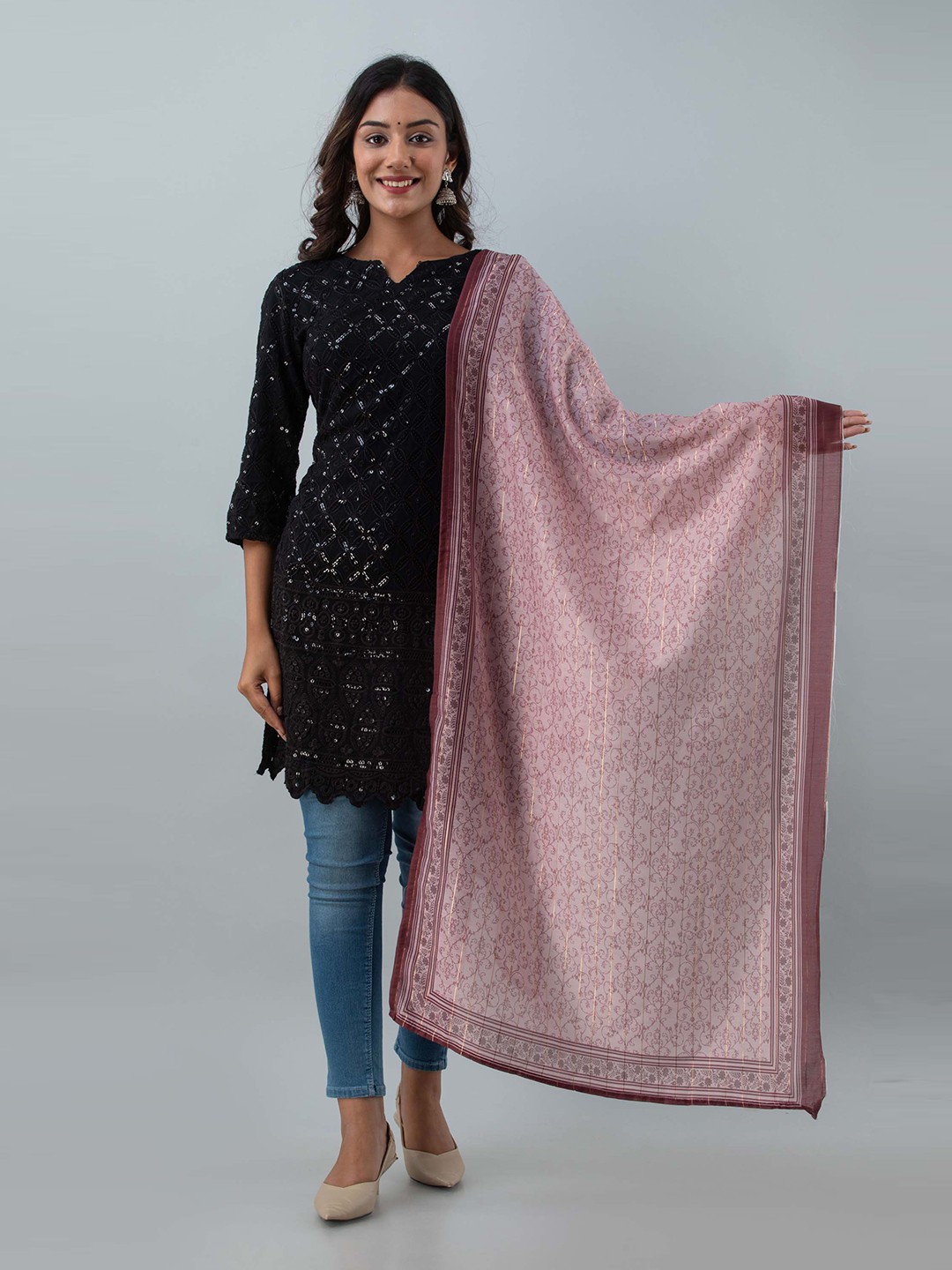 

KALINI Maroon & Pink Ethnic Motifs Printed Art Silk Dupatta