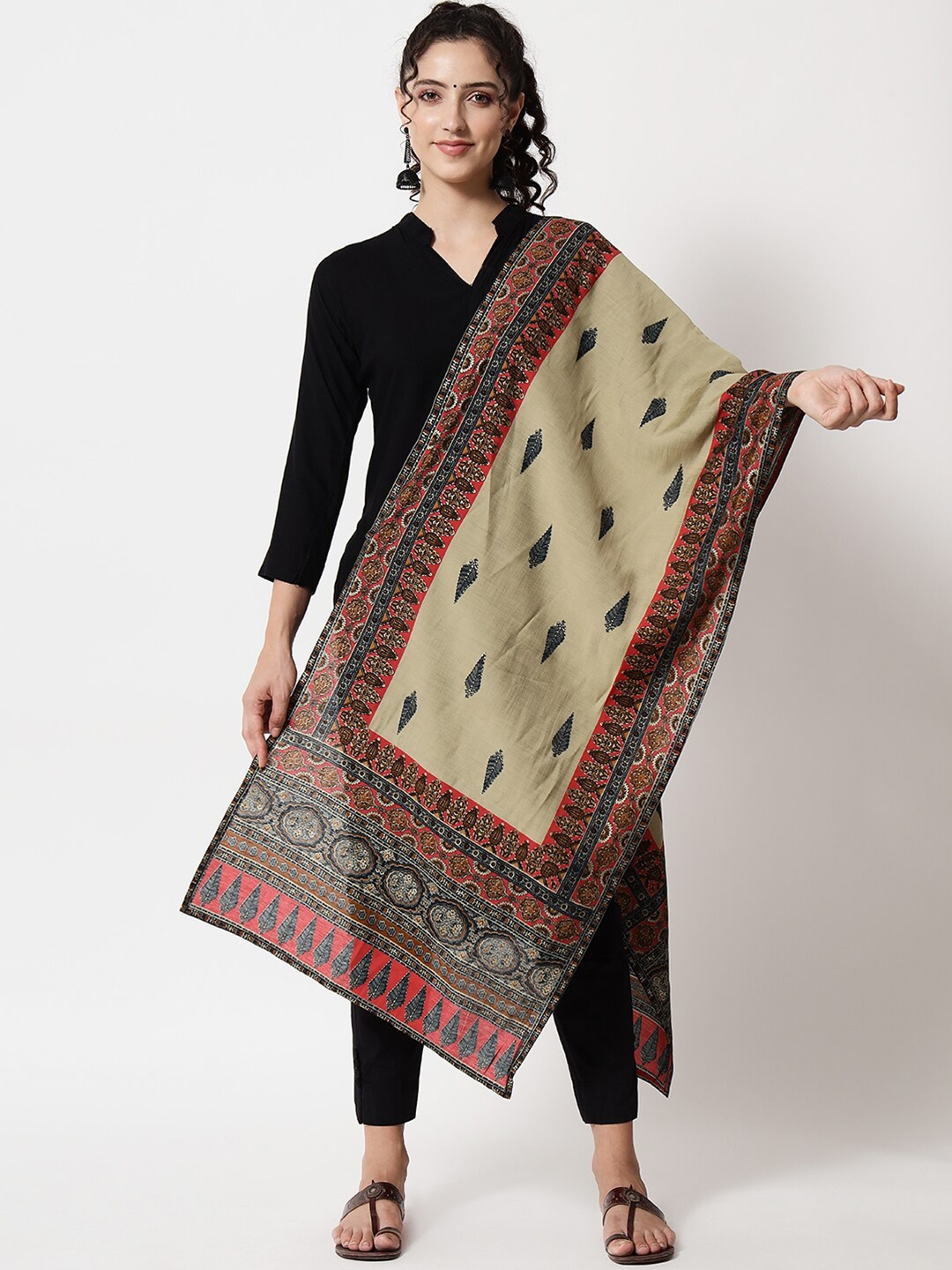 

KALINI Ethnic Motifs Printed Organza Foil Print Dupatta, Beige