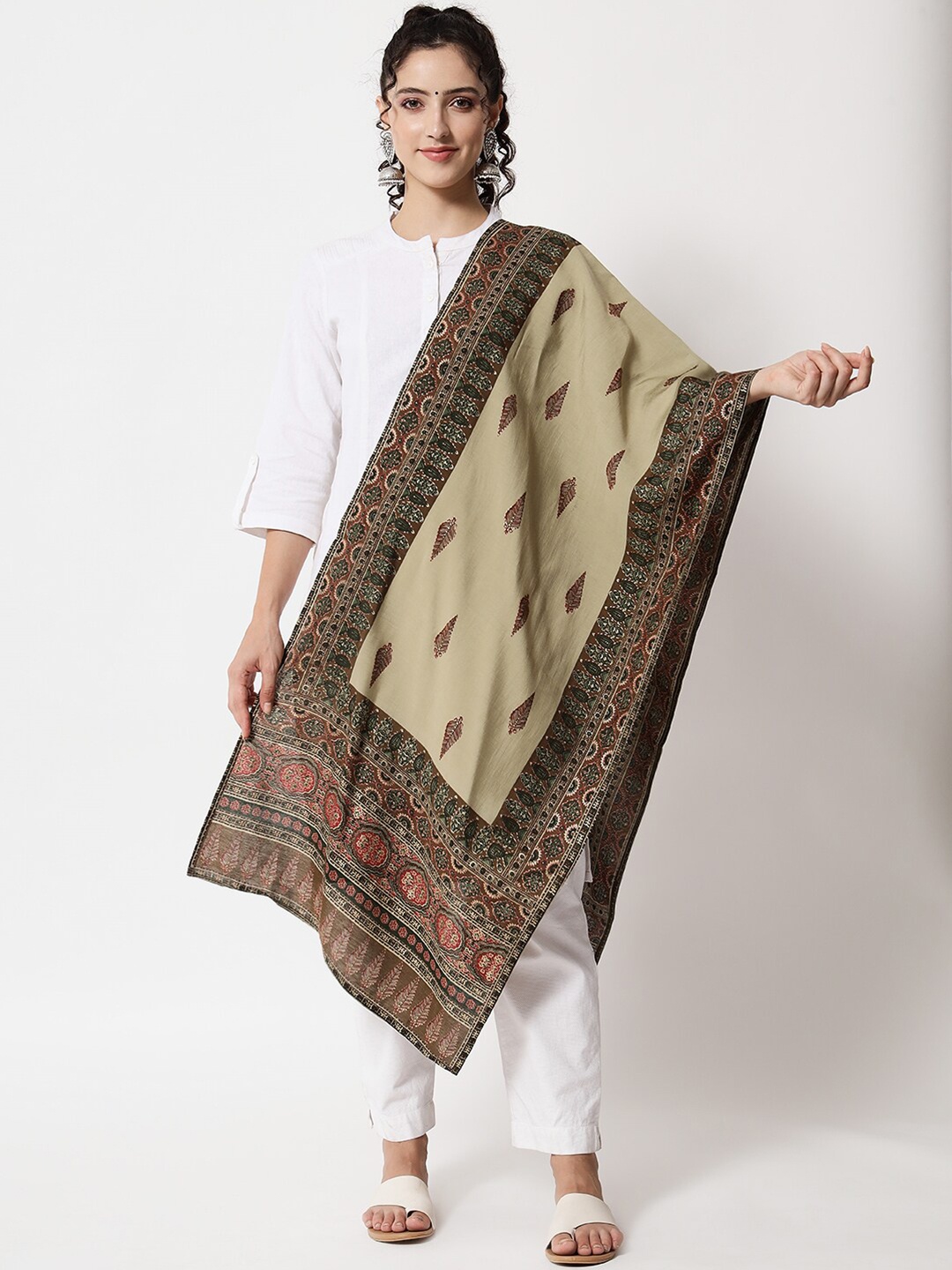 

KALINI Beige & Maroon Ethnic Motifs Printed Organza Foil Print Dupatta