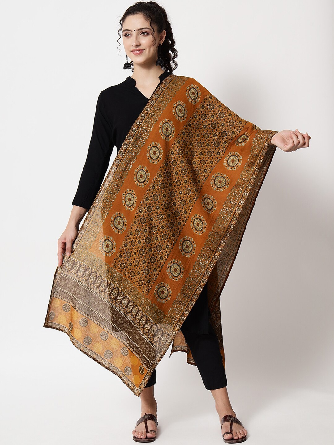 

KALINI Mustard & Brown Ethnic Motifs Printed Organza Dupatta